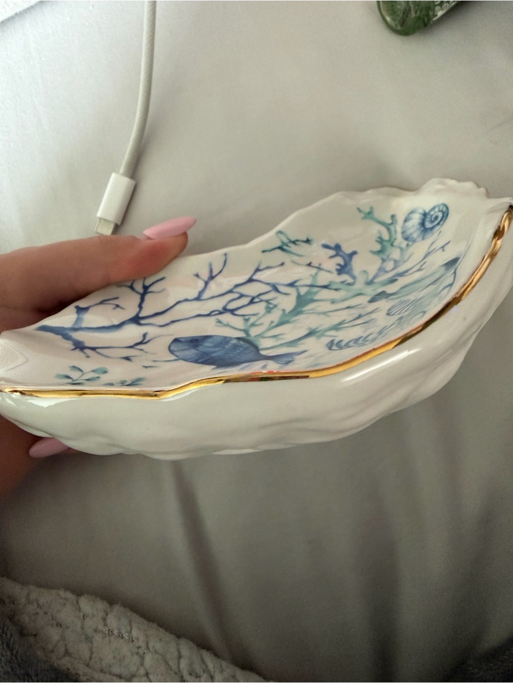 A Classy Chic Boutique Blue & Gold Seashell Ceramic Accent Dish